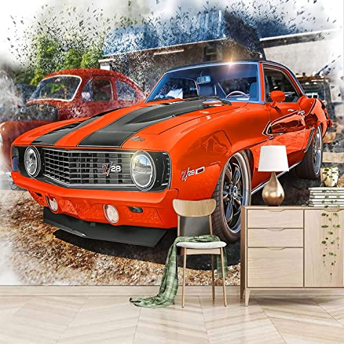 Wandbilder Fototapete - Rotes Retro-Auto - Selbstklebende Tapete - 3D Schlafzimmer Wandaufkleber - 3D Wand Poster Bild Geschenk Dekoration - Für Wohnzimmer Büro Schlafzimmer Esszimme 250(B)x175(H)cm