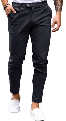 Feziakuk Pantaloni chino da uomo, in cotone, slim fit, in tessuto, casual, elasticizzati, da uomo, Nero , M