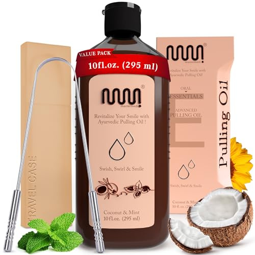 MasterMedi Coconut and Peppermint Oil Pulling (10 Fl.Oz), Mouthwash with Tongue Scraper, Alcohol Free Natural Coconut Oil Pulling for Teeth Whitening,Fresh Breath and Healthier Gum (Pack of 1)