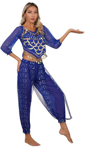 YiZYiF Damen Bauchtanz Kostüm Bauchtanz Hose Oberteil Hüfttuch Mit Münzperlen Indische Tanzkleidung Karneval Fasching Kostüm Belly Dance Set Königsblau_B Einheitsgröße