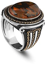 Jewellery Pit - Bague d'Ambre en Argent Sterling 925 pour Hommes, Ovale et Ancienne - Bague Hommes Fait Main avec Gemme d'Ambre et Chiffon de Nettoyage en Argent (71)