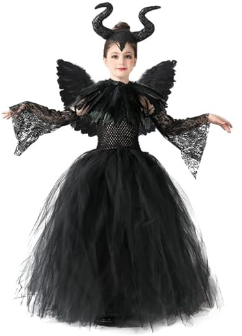 AOLIUP Halloween Maleficent kostym för barn: Flickor onda drottningsklänning set med horn huvudbonad svarta vingar cape för halloween karneval maskerad utklädnad cosplay party kläder (L)