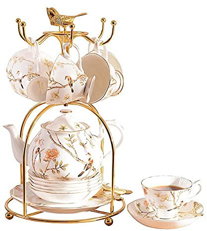 sjdoPulse Regalo di Moda Set da caffè in Ceramica Regalo 15 Pezzi Set di Piattini per Tazze da tè in Porcellana E Teiera Zuccheriera Brocca per Creme con Motivo A Fiori Servizio per 4 Persone