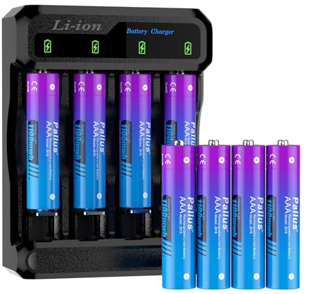 Pallus Rechargeable AAA Lithium Batteries, High Capacity 1100mWh, 2H Fast Charge with 4-Slot LCD Charger, 8 Pack 1.5V AAA Li-Ion Battery