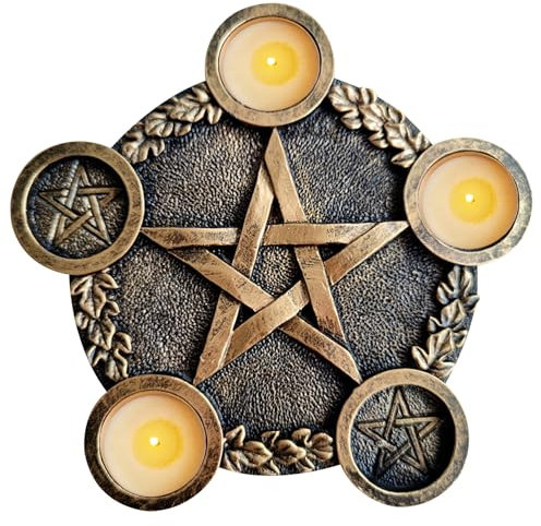 Candelador de Halloween, candelabro de estrella, Pentacle de astrología Candelador de Halloween, altar de resina retro bruja wiccan tarot con velas de encabezado, color de cobre, candelabro de color