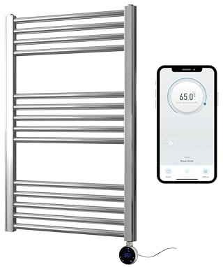 Greened House Scaldasalviette elettrico cromato intelligente controllato WiFi 500 mm L x 800 mm H piatto 7 giorni programmabile compatibilità app timer