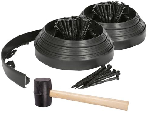 Harbour Housewares 20m Flexible Lawn Edging with 80 Pegs & Mallet - Black - Plastic Garden Edging Grass Border Flower Bed Stone Path Edge Height 4cm Patio Landscaping Divider Palisade