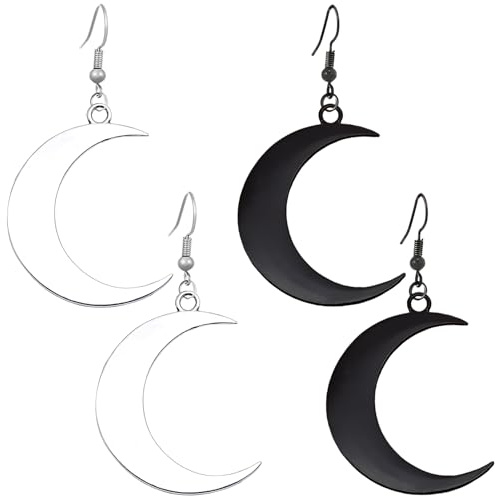 Kawailay 2 pares de pendientes góticos con diseño de luna y media luna, estilo vintage, para mujer, color plateado y negro