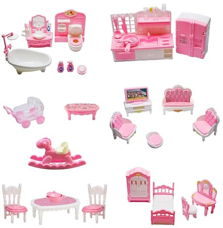 LUFEIS 4 Sets Dolls House Furniture Set, Miniature Plastic Dollhouse Furniture Set Includes Kitchen, Bedroom, Bathroom and Living Room Kit, Realistic Dolls House Accessories for Pretend Play