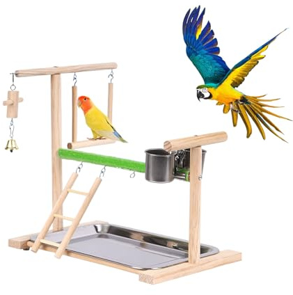 Aire de jeux pour oiseaux, perruches, en bois, avec 2 gobelets en acier inoxydable, échelle et plateau, perchoir pour perroquets, calopsittes, perchoirs, perruches (C)