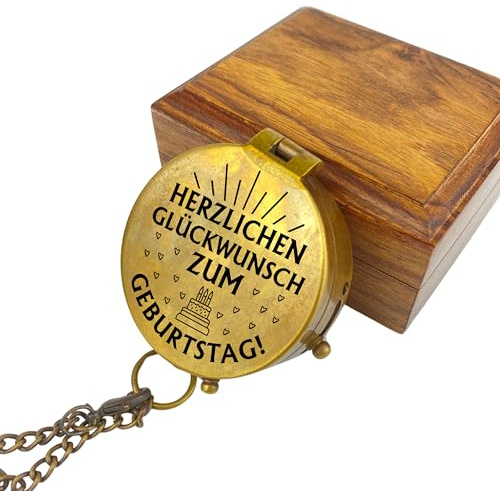 Personalisierter Kompass mit Gravur Wunschmotiv zum Geburtstag und Wunschtext Name Diverse Designs Messing Ledertasche Geschenkbox Geschenkidee (in Vintage Optik und poliert)