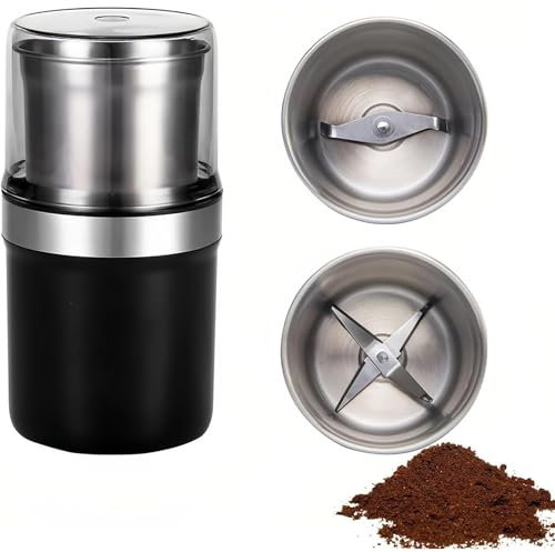 LHQYA Wet and Dry Grinding Mill, Stainless Steel Spice Grinder with 2 Grinding Cups, Capacity: 200ml, Adjustable Thickness, Overheat Protection, Suitable for Various Food Materials