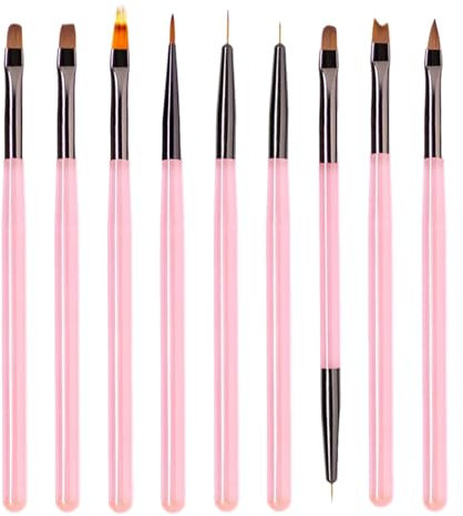 9pcs Nail Art Brushes Set Nail Design Painting Brushes Gel Nail Polish Brushes Fine Paint Brush Set Nail Fine Liner Brushes Nail Art Design Painting Tools for Proffesionals and DIY Nail Art,Pink