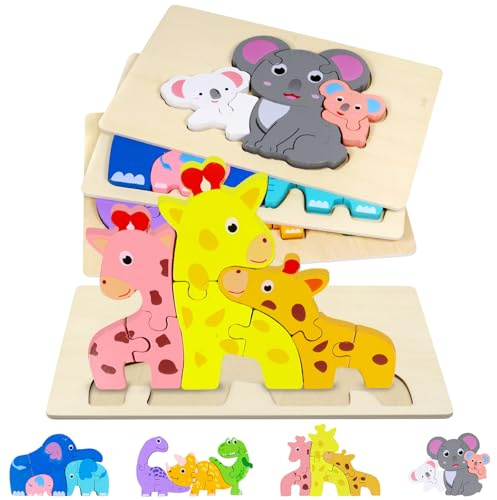 Holzpuzzle für Kleinkinder von 1-3 Jahren, 4 Stück Steckpuzzle Montessori Spielzeug für Kinder, Lernendes Pädagogisches Holzpuzzle mit 4 Tiermustern, Holzspielzeug Puzzle Geschenk für Jungen Mädchen