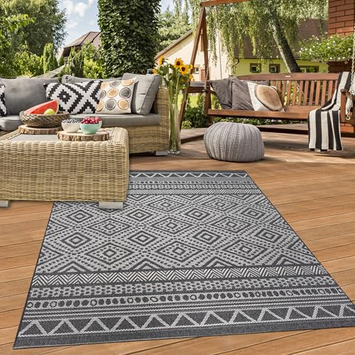 Teppich-Traum In- & Outdoor Teppich Ethnomuster Anthrazit Creme 240x340 cm | Pflegeleicht, wetterbeständig, UV-beständig, robust und formstabil, für Balkon, Terrasse, Garten & Wohnbereich