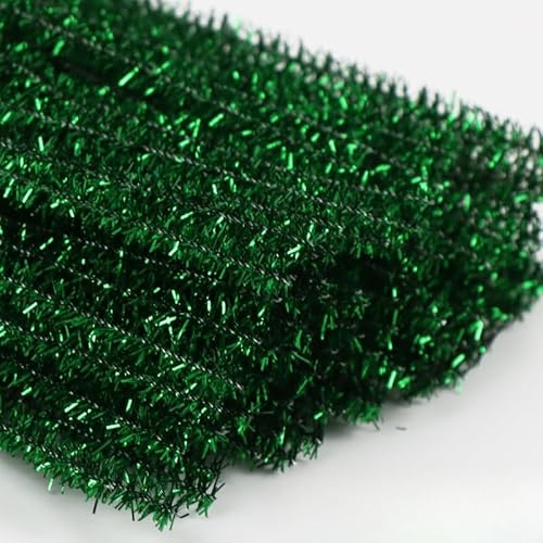 YKAFADE 100 Stück Pfeifenputzer Zum Basteln, Pfeifenputzer Glitzer Chenilledraht für DIY Basteln Lang 30cm Breit 6mm Bunt Biegeplüsch Basteldraht für Weihnachten DIY Handwerk Dekorationen -Grün