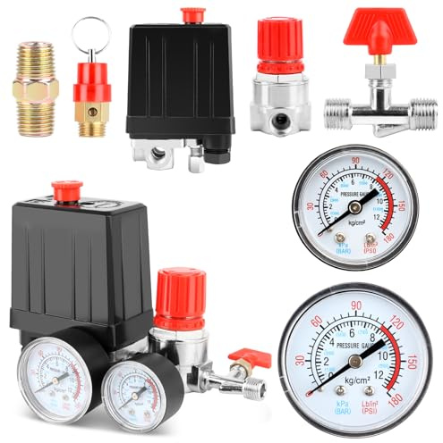 Pressostat Compresseur d'Air, Régulateur de Pression avec 2 Manomètres, 220V Piece Detachee Compresseur, Manomètre de Régulateur Valve de Contrôle Accessoires Pressostat Vanne de Commande, G1/4”