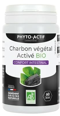 Fito-Activo | Cápsulas de carbón vegetal activado orgánico | Confort intestinal | Hinchazón – Gas intestinales | Orgánico y Vegano| Fabricado en Francia | 60 cápsulas