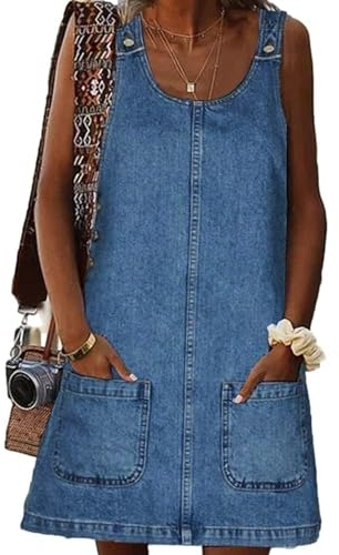 MINTLIMIT Women's Sleeveless Overall Denim Dress Crewneck 2025 Vintage Loose Casual Jean Dress with Pockets