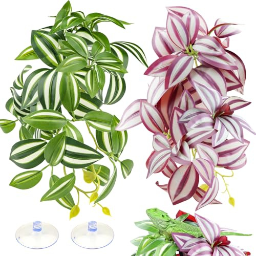 QUOZUO Lot de 2 plantes artificielles pour terrarium, feuilles artificielles avec ventouses, plantes à suspendre pour dragons barbus, lézards, serpents, geckos, grenouilles – Violet et vert
