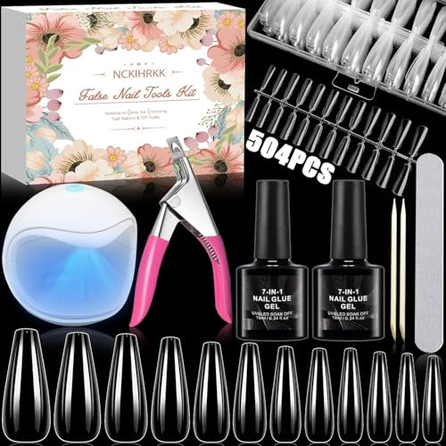 NCKIHRKK Tip Unghie Finte Con Colla, 504 Pezzi Tip Unghie Ricostruzione, Taglie 0-11 Acrilico Unghie Finte Unghie Tips Set con 7 in 1 Colla, UV LED Mini Lampada per Saloni e Uso Domestico Nail Art Kit