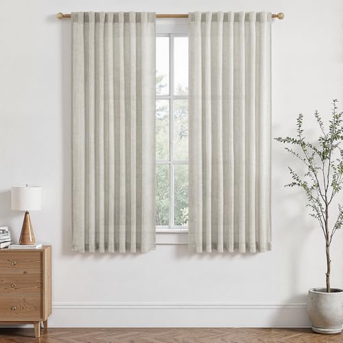 MRTREES Leinen Gardinen Kurz Fenster Küche Landhausstil Gardinenschals 2er Set H 145 x B 140 cm, Vorhang Leinenoptik Halbtransparent für Wohnzimmer Schlafzimmer, mit Verdeckten Schlaufen