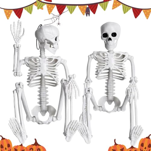 Halloween Skelett Deko 2er-Set: 40cm Plastik Ganzkörper Hängende Skelett, Karneval Ganzkörper Skelett mit voll beweglichen Gelenken für eine schaurige Grusel-Atmosphäre, wetterfest & wiederverwendbar