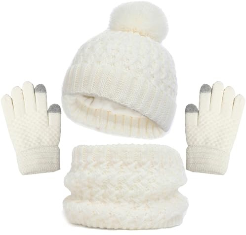 2025- Conjunto de guantes y bufanda para niñas pequeñas niños pequeños gorros con pompón de punto calentador de cuello polaina manoplas forrado de forro polar conjunto gorro niña pequeña niña verano