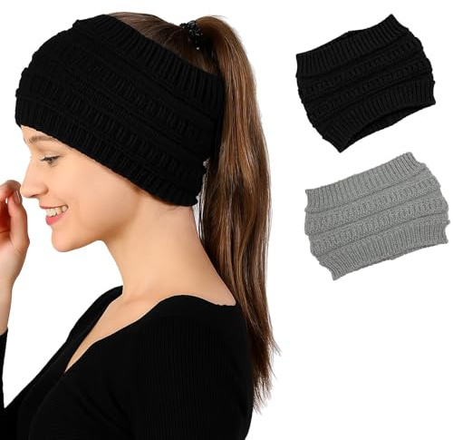 2 Stück Damen Mütze mit Zopfloch, Häkelmütze Mütze mit Loch für Zopf, Damen Wintermütze Mit Ohrenklappen Schwarz/Grau, Messy Bun Ribbed Beanie High Bun Hat für Outdoor Wandern, Camping, Skifahren