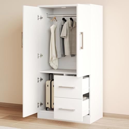 EURHCIO Penderie Vetement 70×40×135cm,Armoire Chambre Enfant,Meuble Rangement Vetement avec Porte-Manteau,2 Tiroirs,2 Porte,pour Lit Mezzanine,Chambres(B-Blanc)