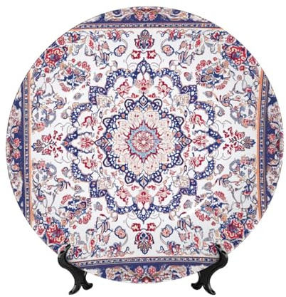 ZSUUGJ Plato decorativo de porcelana con diseño de mandala y flores de cachemira con soporte y gancho, adorno de pared y mesa, ideal para sala de estar, estudio, 8 pulgadas/10 pulgadas