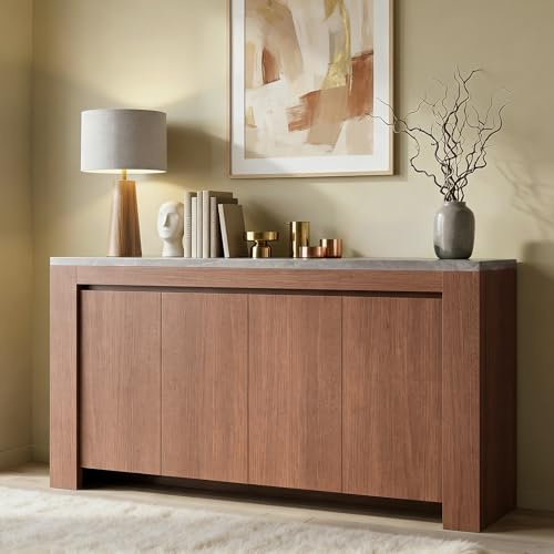 SUCSSRICH Buffet Cabinet with Storage, 63 Sideboard Buffet Accent Cabinet with Faux Marble Top & 4 Doors, Modern Buffet Table Credenza Cabinets for Living Room, Dining Room, Kitchen（Walnut）