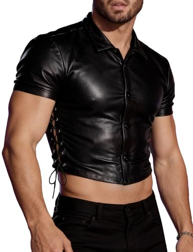 Ausing Uomo Maglietta in Pelle Nero Camicia Ecopelle Maniche Corte Maglia Canotta Sportiva Lattice T Shirt Palestra Slim Fit Maglia Fitness Bodybuilding Top Lucida Brillante PVC Discoteca Club S