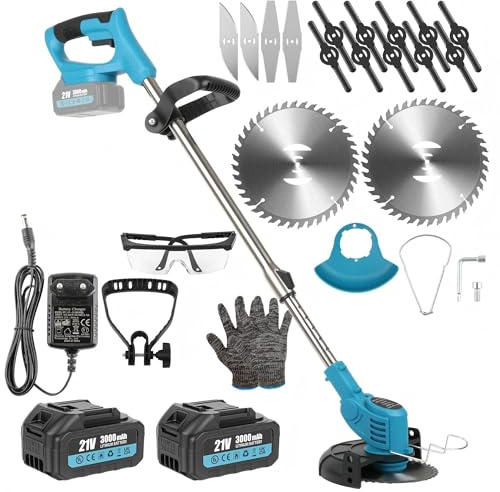 Akku Rasentrimmer 850W, Elektro Akku Rasentrimmer kabellos mit 2×21V 3000mAh Akku, 18.000 U/min Electric Strimmer, höhenverstellbar 85–120 cm, mit Metall- & Kunststoffklingen