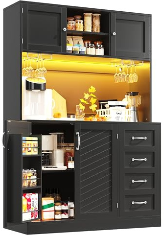 Httcg Küchenschrank Hochschrank mit Arbeitsplatte und LED-Licht, Küchenbuffet Buffetschrank mit Getränkehaltern und 4 Türen, Highboard Schrank mit Schubladen und Snackregal, Schwarz, 120x40x188 cm