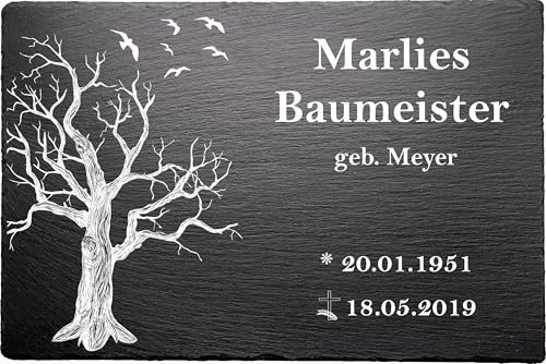Urnengrabstein der Baum mit Gravur aus Naturschiefer – 30x20 cm – Individuelle Gravur von Name, Datum & Widmung – 100% Wetterfest & Frostsicher – Edle Grabplatte für das Urnengrab