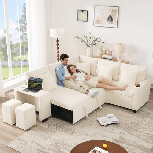 BTM L Form Ecksofa mit Schlaffunktion und Stauraum, Schlafcouch Ausziehbar mit Getränkehalter, Wohnzimmer Sofa Beige