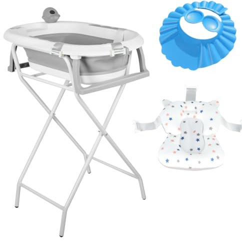 2 en 1 Baignoire Bébé Pliable avec Support, Coussin et Visière, Gris | Support 90 cm, Baignoire Bebe sur Pieds Antidérapants, Grande Vidange, Pliable Gain de Place, Ensemble Complet