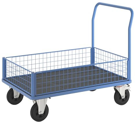 eurokraft | Plattformwagen | 4 Halbhohe Gitterwände | LxB 1250 x 800 mm | Vollgummireifen