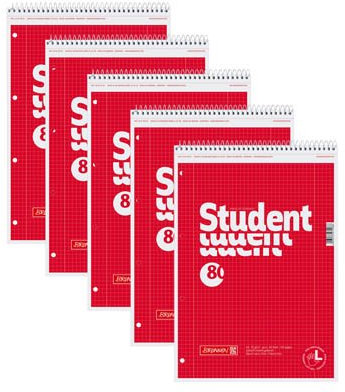 5 BRUNNEN Collegeblöcke Student A4 kariert 80 Blatt für Linkshänder geeignet