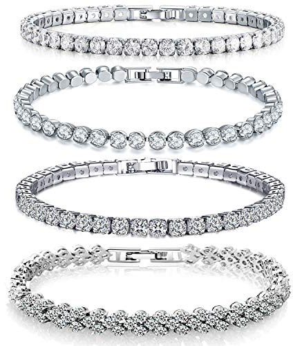 DTWAWA 4 Pieces Silver Tennis Bracelets for Women, White Crystals Diamond Cubic Zirconia Classic Eternal Bangle