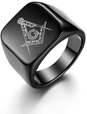 JewelryWe Men's Masonic Ring Polished Black Plated Stainless Steel Freemason Signet Ring Bands(Size V 1/2)