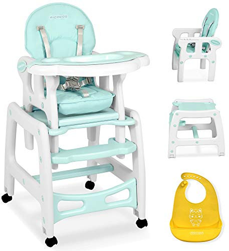 Ricokids Sinco Kinderhochstuhl - Babyhochstuhl Mitwachsender - Multifunktions Hochstuhl 5in1 - Tisch + Babystuhl Regulierbar - Schaukelfunktion - 3-fache Neigungsverstellung der Rückenlehne - (Türkis)