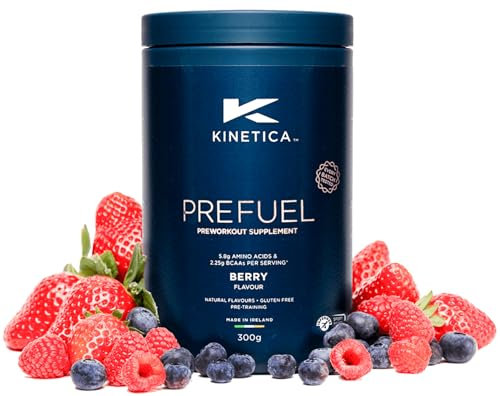 Kinetica Sports Prefuel Pre Workout - Beere | 5.8g Aminosäurenmischung, 2.25g BCAA & 92mg Koffein/Portion, 30 Portionen/300g | Mit wichtigen Vitaminen & Mineralien | Unterstützt Leistung & Energie