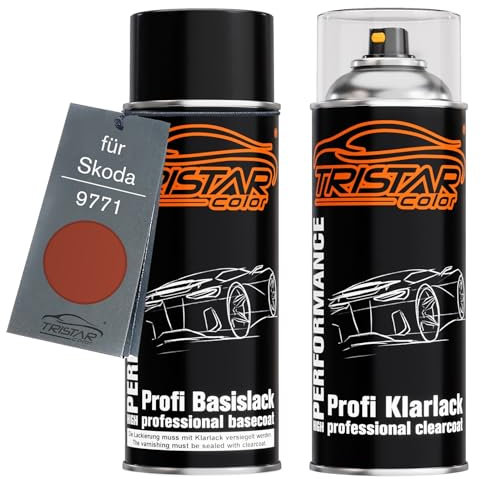 TRISTARcolor Autolack Spraydosen Set für Skoda 9771 Tangerine Orange Metallic/Oranzova Tangerine Metallic Basislack Klarlack Sprühdose 400ml