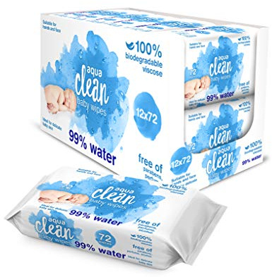 12 Pack Aqua Clean Baby Wet Wipes (72 Wipes) 99% Water 100% Biodegradable Plastic Free