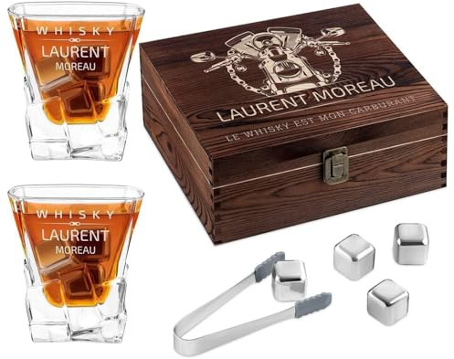 Maverton 8 Pierres à Refroidissement & 2 Verres gravés pour Homme | Verres à Whisky 250 ML dans la boîte Personnalisée en Bois, Cadeau d'anniversaire pour Chaque Homme, Carburant