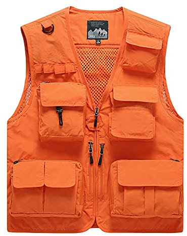 Herrväst väst safari flera fickor fiske camping jakt vandring väst väst jacka andningsbar fotografi topp utomhus västar ärmlös jacka, Orange, XXL