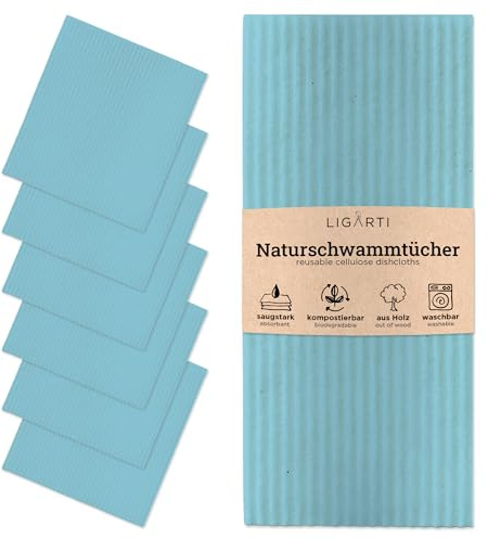Ligarti Schwammtücher aus Holz (100% öko & waschbar) 6er Set Spültücher nachhaltig kompostierbar I Allzwecktücher für den Haushalt Made in Germany I Spüllappen kompostierbar (Türkis I 6Set)