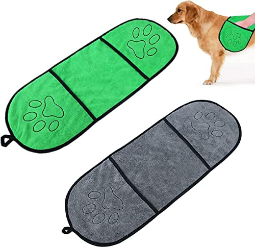 Hesheng Asciugamani per Cani,2 Asciugamani da Bagno per Animali, Super Assorbenti, in Microfibra Ad Asciugatura Rapida, con Tasche,Ideale per Tutte Le Taglie di Cane E Gatto (Grigio+Verde)